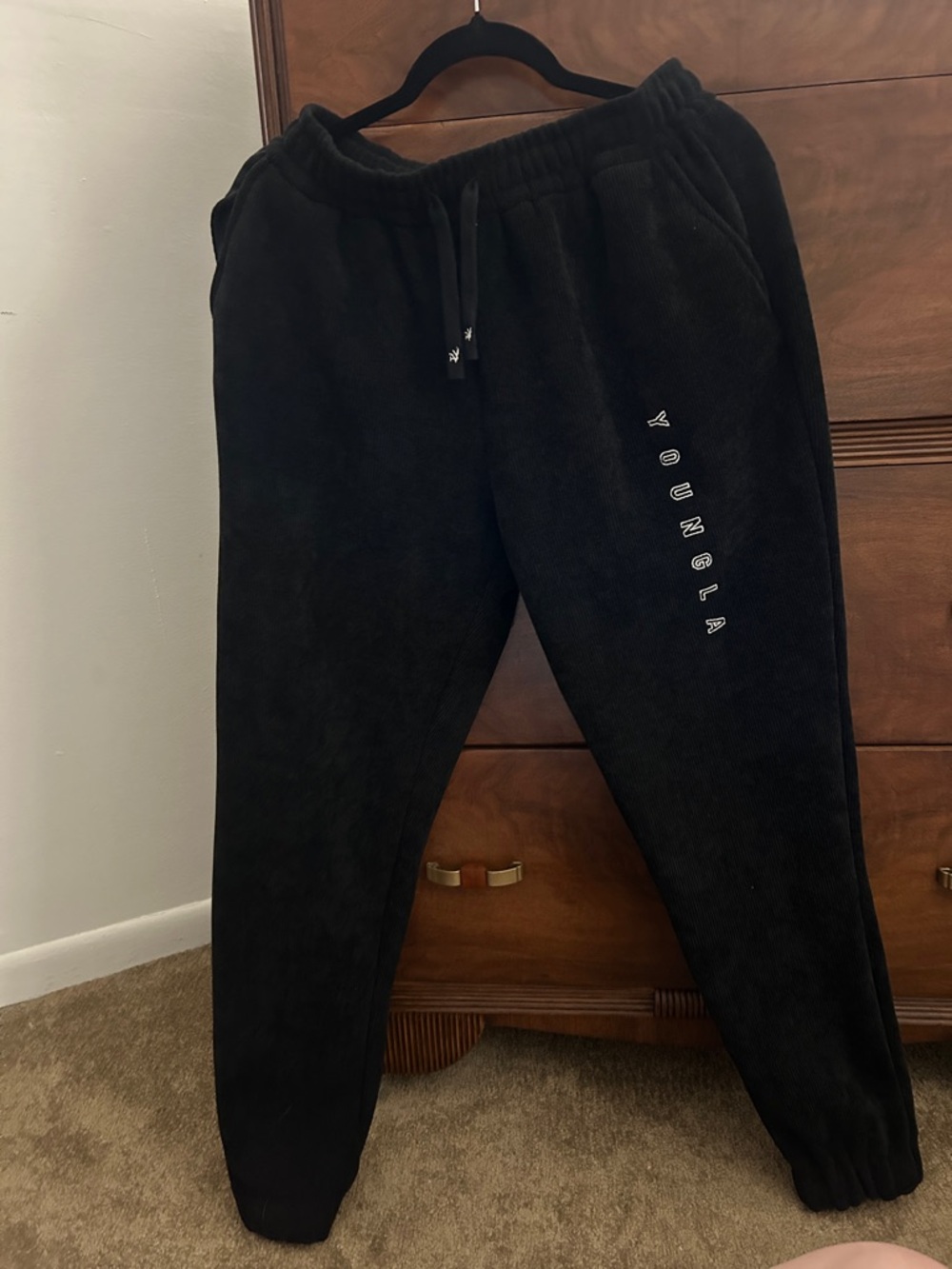 YoungLA Black Corduroy Sweatpants with Vertical Logo